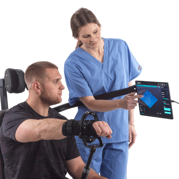 Humero Tech C1 rehabilitation device overview. Humero Tech C1 device for precision shoulder rehabilitation in a clinical setting.
