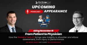 Sports Doc Talk podcast graphic: From Patient to Physician with host Dr. Grant Garcia and guest Dr. Kole Mickolio, airing November 18